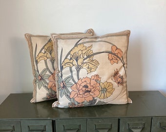 Set of Two Vintage Midcentury Modern Accent Pillows, Peachy Florals 100% Silk Pillow Covers, Butterflies and Flora Throw Pillows