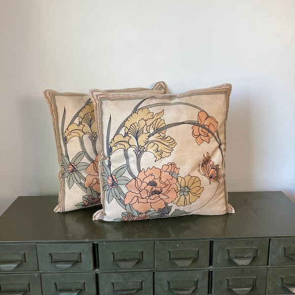 Set of Two Vintage Midcentury Modern Accent Pillows, Peachy Florals 100% Silk Pillow Covers, Butterflies and Flora Throw Pillows