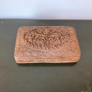 Vintage 1970s Teak Hand-Carved Floral Jewelry Box