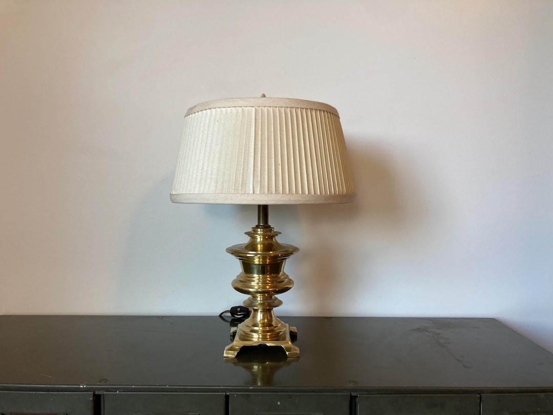 Vintage 1980s Small Brass Table Lamp With Pleated Cream Shade - Etsy