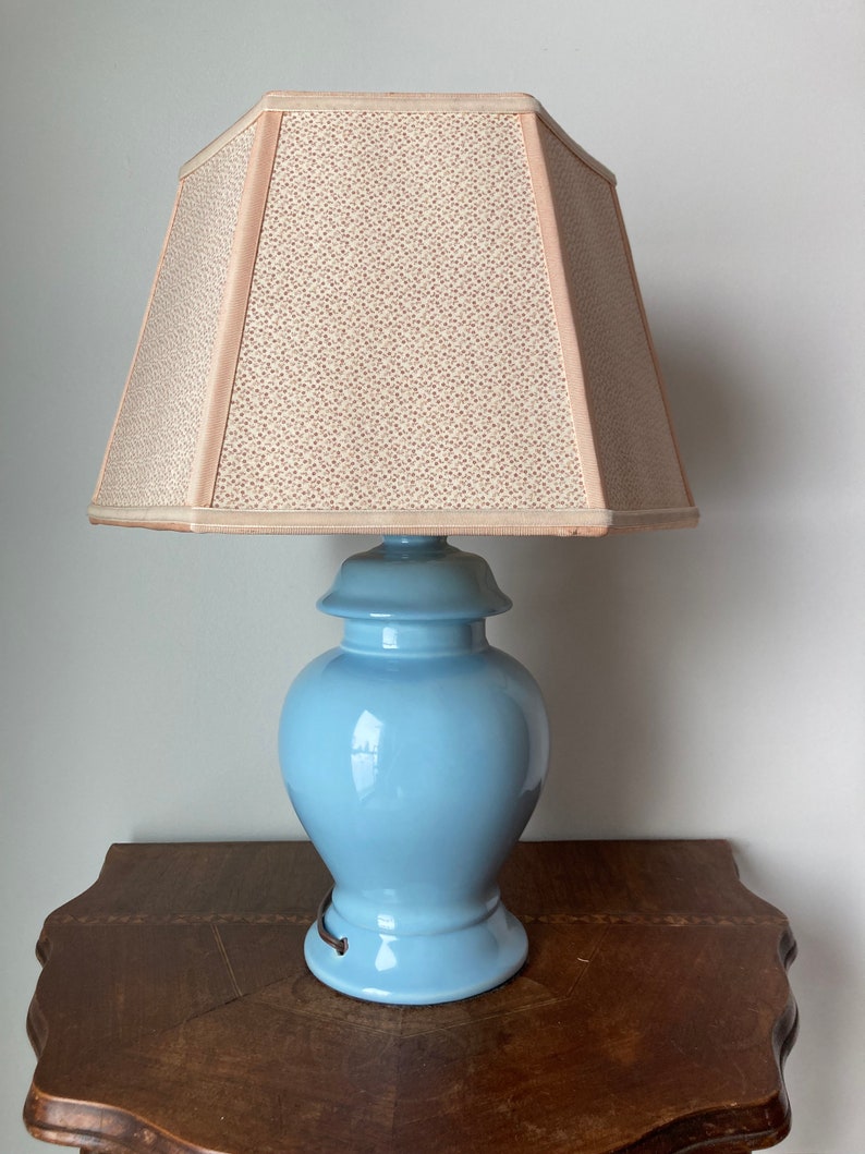Vintage Midcentury Modern Robbin's Egg Blue Ginger Jar Lamp and Ditsy