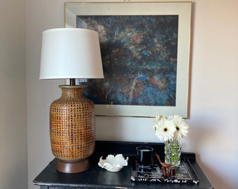 Brutalist Ceramic Table Lamp: Brown Glazed, Hand-Tiled, Mid-Century Vintage