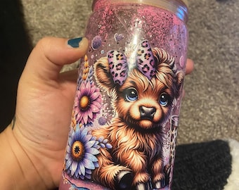 Vaso de bola de nieve con forma de vaca rosa neón