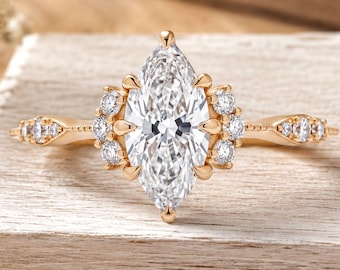 Marquise Floral Engagement Ring - Gold Filigree with Halo Diamonds