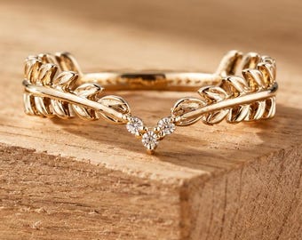 Bague chevron en forme de feuille de diamants cultivés en laboratoire, anneau inspiré de la nature délicate en platine