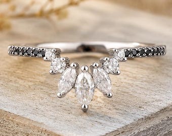 Alliance incurvée Marquise diamants noirs, bague en platine, bague de mariée superposable