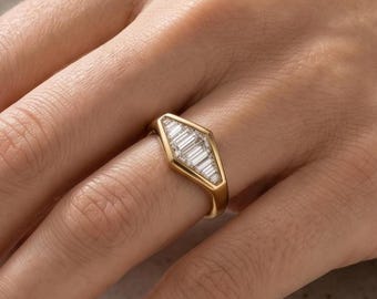 Bague de fiançailles en diamants de laboratoire Baguette, platine, or 18 carats, serti clos, mariée vintage