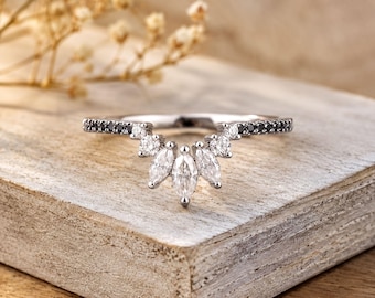 Marquise Black Diamond Ring, Curved Platinum Band (Stackable)