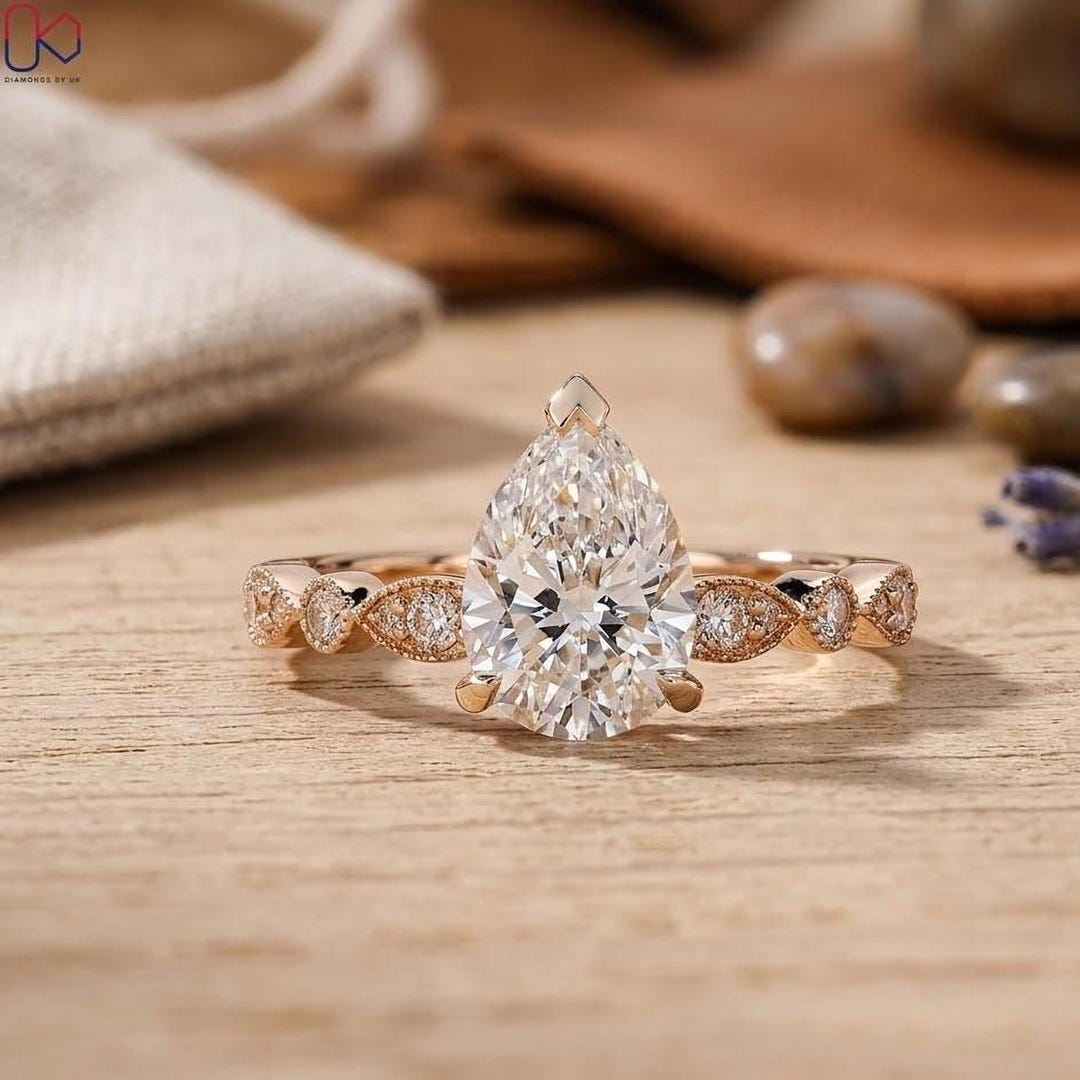 Pear Lab Grown Diamond Engagement Ring, Vintage Halo Milgrain, 14K Gold ...