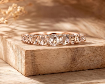 Rose Cut Diamond Ring, Graduated Band (Platinum or 14K Gold)
