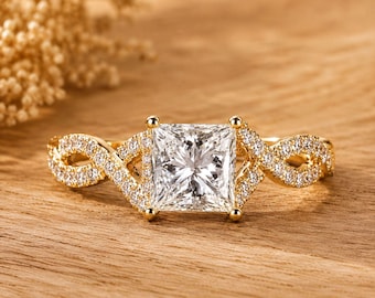 Princess Cut Engagement Ring - Twisted Pave Band with Hidden Halo