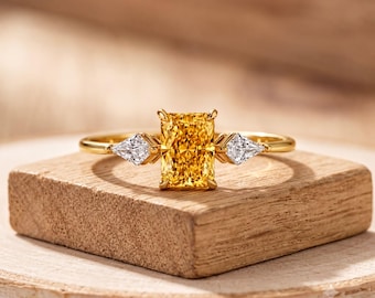 Yellow Radiant Diamond Engagement Ring - Kite Side Stones, Trilogy Style