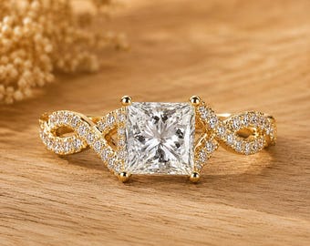 Bague de fiançailles halo de diamants cachés de laboratoire taille princesse, anneau torsadé pavé, bague de mariée en platine