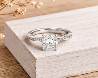 Lab Grown Cushion Cut Diamond Ring: Art Deco Twist Shank, Pave Band, Sterling Silver