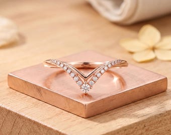 Alliance chevron en diamants cultivés en laboratoire, bague superposable en V en or rose