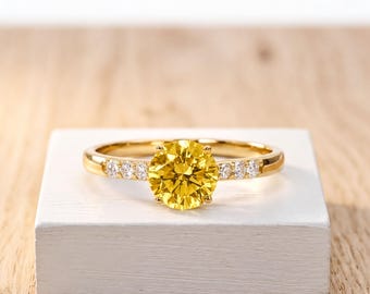 Yellow Round Diamond Engagement Ring: Lab Grown, Platinum Band