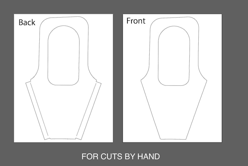 May include: A printable pattern for a garment with a large opening at the top. The pattern is labeled "Back" and "Front" and includes instructions for "Cuts by Hand".