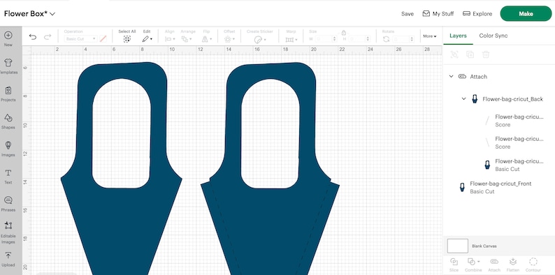 May include: A digital design program showing two blue shapes with a cut-out in the middle. The shapes are labeled "Flower-bag-cricut_Back" and "Flower-bag-cricut_Front".