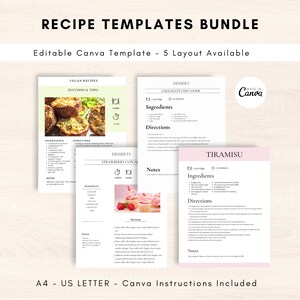 Recipe Organization Templates  editable in Canva,  featuring 4 design layouts and a bonus 6x4 Inch Recipe Card, in A4 and US letter sizes