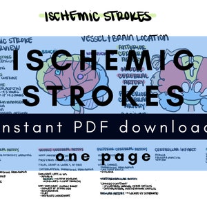 May include: A colorful infographic about ischemic strokes, with a cartoon brain illustration. The infographic includes information about risk factors, diagnosis, treatment, and the location of strokes in the brain. The text "ISCHEMIC STROKES" is written in large, bold letters at the top of the infographic. The text "Instant PDF download" is written in black letters at the bottom of the infographic.