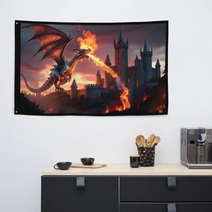 Epic Dragon and Castle Fantasy Flag - Fire-Breathing Dragon at Sunset