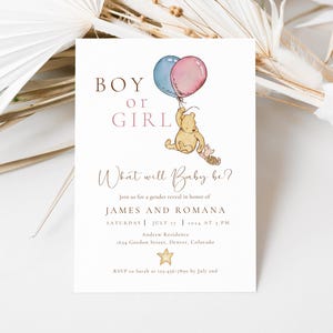 Gender Reveal Invitation, Winnie the Pooh Classic Invitation, Personalized Template Pooh Gender Reveal, Decorations Balloons, Boy or girl