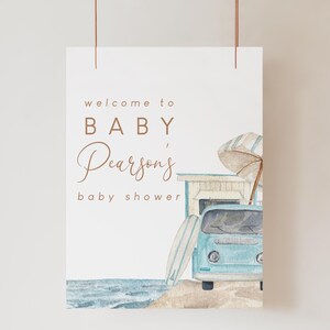 Baby on Board Welcome Sign Surf Beach Baby Shower Editable Sign Template, Summer Baby Shower Printable Sign, Retro Sign