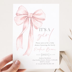 Bow Baby Shower Invitation, Its a girl Invite, Coquette Pink Bow Digital Invite, Editable Pink Ribbon Baby Shower Template, Blush Pink Bow