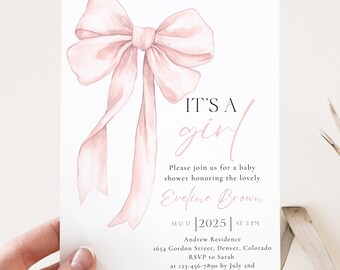 May include: A baby shower invitation with a large, watercolor-style pink bow. The text "IT'S A girl" is displayed in a delicate font, along with event details. The invitation is held by a hand.
