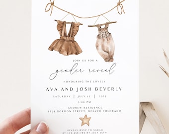 Boho Gender Reveal Invitation, Vintage Baby Clothes Template (Digital Download)