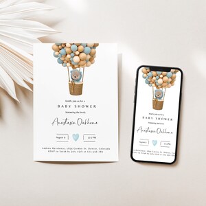 Bewerkbare teddybeer hete luchtballon Beer thema baby shower uitnodiging Boho uitnodigen sjabloon Instant Download blauw