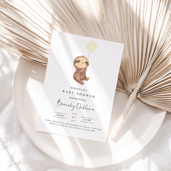 Editable Sloth Baby Shower Invitation Template, Printable Safari Sloth Baby Shower Invite, Balloon Gender Neutral Sloth, Instant Download