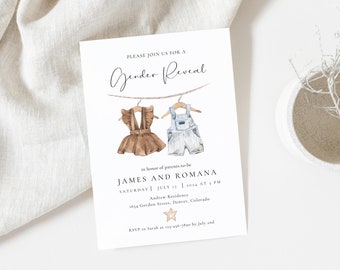Boho Gender Reveal Invitation, Editable Gender Reveal Invite Template, Vintage Baby Clothes Gender Reveal Instant Download, Neutral Baby