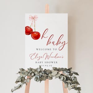 Baby Shower Welcome Sign, Cherry on top Sign, Coquette Pink Bow Berries Digital Pink Bow Sign, Editable Baby Shower Centerpiece Template