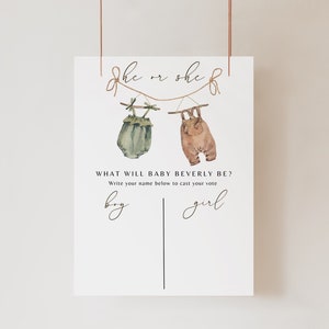Editable Boho Gender Neutral Reveal Invitation, Vintage Baby Clothes What Will Baby Be Sign, Gender Guess Board He or She Gender Reveal Game
