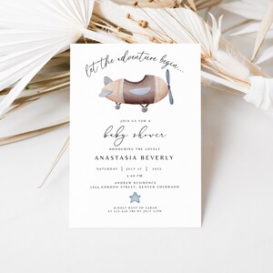 Vliegtuig baby shower uitnodiging sjabloon, bewerkbare afdrukbare uitnodiging, blauw vliegtuig, jongen baby shower uitnodiging, digitale download
