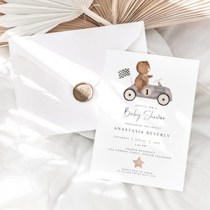 Bear Boho Baby Shower Invitation Template, Vintage Race Car Baby Shower Invite Editable Race Car Invite Little Racer Boy, Instant Download