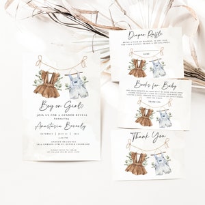 Bundle d'Invitation révélateur de sexe Boho, modèle d'invitation révélateur de sexe modifiable, Invitation de révélation de sexe de vêtements de bébé vintage Templett