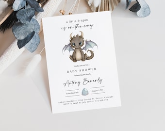 Dragon Baby Shower Invitation, A Little Dragon is on the Way , Editable Modern Boho Printable Blue Baby Boy Couples Invite, Digital Download