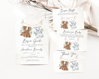 Boho Baby Clothes Gender Reveal Invitation Bundle (Editable Template)