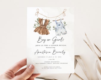 Greenery Gender Reveal Invitation, Editable Eucalyptus Gender Reveal Invite Template Vintage Baby Clothes Instant Download,Boho Neutral B
