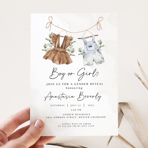 Boho Gender Reveal Invitation, Editable Gender Reveal Invite Template, Vintage Baby Clothes Gender Reveal Invitation Templett