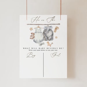 Editable Boho Gender Neutral Reveal Invitation, Vintage Baby Clothes What Will Baby Be Sign, Gender Guess Board He or She Gender Reveal Game