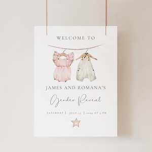 Boho Gender Reveal Welcome Sign, Editable Gender Reveal Sign Template, Printable Vintage Baby Clothes Gender Reveal Welcome Sign