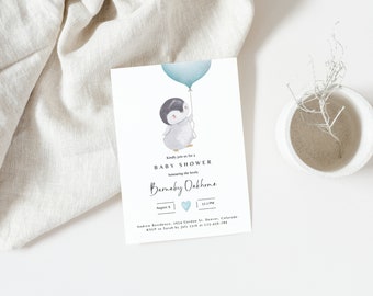 May include: A baby shower invitation featuring a watercolour illustration of a penguin holding a light blue balloon. The text reads "Kindly join us for a Baby Shower honouring the lovely Barnaby Oakhone August 9 1:30 PM Andrew Residence, 1654 Gordon St., Denver, Colorado RSVP to Sarah by July 15th at 123-456-789"