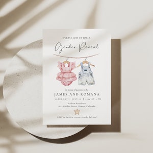 Boho Gender Reveal Invitation Template, Vintage Baby Clothes Invite (Digital Download) image 4
