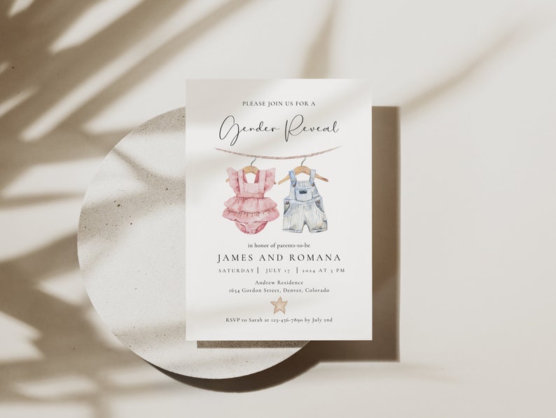 Boho Gender Reveal Invitation Template, Vintage Baby Clothes Invite (Digital Download) image 4