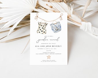 Boho Gender Reveal Invitation, Editable Gender Reveal Invite Template, Vintage Baby Clothes Gender Reveal Instant Download, Neutral Baby