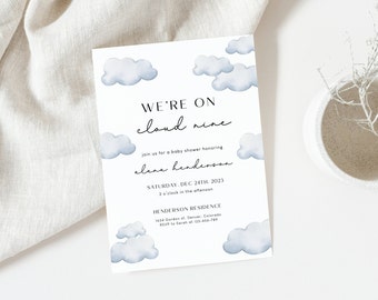 Cloud Nine Baby Shower Invitation, Editable We're On Cloud 9 Invite, Blue Baby Boy Baby Shower, Printable Template, Instant Download
