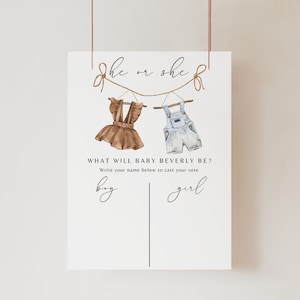 Editable Boho Gender Neutral Reveal Invitation, Vintage Baby Clothes What Will Baby Be Sign, Gender Guess Board He or She Gender Reveal Game